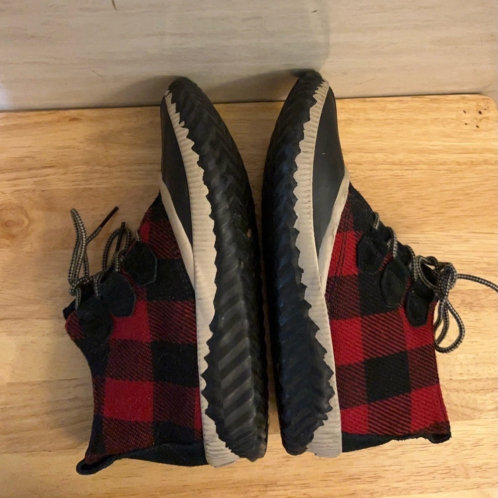 Sorel Out 'N About Plus duck boots in a red and black buffalo plaid pattern. - Picture 6 of 10